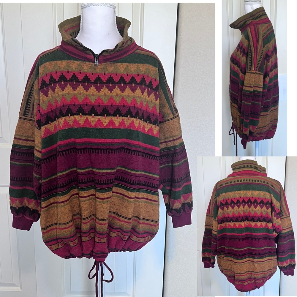 VTG Shawl Zip Collar Pullover Aztec Tribal Southwest Bottom Drawstring Medium
